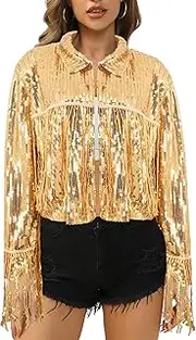 [Monanoat] Women Sparkly Sequin Fringe Jacket Shiny Disco Cowgirl Jacket Glitter Coat Y2K 90s Streetwear