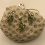 Sterling Silver Peridot Flower Pendant Necklace and Earrings Set
