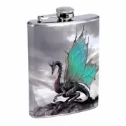 Flask 8oz Stainless Steel Dragon Design-001 Custom Skin Fantasy Drinking Whiskey