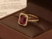 2 Ct Emerald Cut Simulated Red Ruby Engagement Halo Ring 14K Yellow Gold Plated