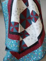 "Whimsical Pinwheels" Handmade - Blue, red, cream 100% Cotton, Machine Quilted