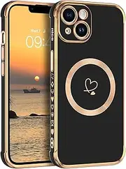 GUAGUA for iPhone 13 Case Magnetic, Cute Heart Pattern Lovely, Soft TPU Gold Plating Cover Women Girl Drop Protection & 4 Corners Shockproof, Compatiable with Magsafe, Stylish Phone Case, Black