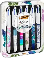 BIC 4 Colors Decors Messages or Botanical Collection and Tie & Dye - Ballpoint Pens Medium Point (1.0 mm) - Random Assorted Designs, Reusable Box of 6