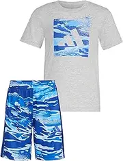 [adidas] Boys Short Sleeve Cotton Heather Tee Shirt and Aop Camo Short Set
