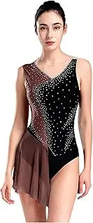 [RUNQHUI] Womens Tank Leotard Sparkle Rhinestone Color Block Unitards Mesh Patchwork Romper Flowy Skirt Dusty Pink Large