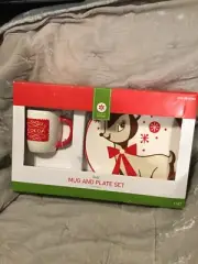 Big-Eyed Reindeer W/ Big Red Bow & Snowflakes Plate & Hot Cocoa Mug Set, TARGET