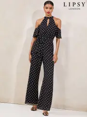 Lipsy Black/White Polka Dot Cold Shoulder Jumpsuit (F36293) | $143