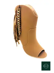 Women's Camel Brown Tan Gold Chain Side Fringe Accent Boots- Size 5.5