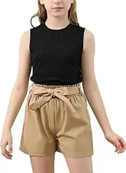 GORLYA Girls 2 Piece Clothing Outfits Summer Casual Rib Knit Tank Tops and Paperbag Waist Belted Linen Short Sets 6-14Y