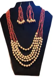 Red Seed Beads & Pearl Necklace, Earrings & Bracelet set- New