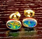 Petite 100% Natural Australian Black Fire Opal Lady Earrings 14k gold Stud $767