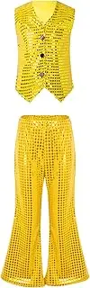 [Jugaoge] Kids Boys Girls Jazz Latin Chacha Disco Dance Performance Outfit Sequined Vest Waistcoat with Flared Pants