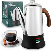 APOXCON Electric Coffee Percolator Stainless Steel Coffee Maker with Heat Resistant Tough Glass Clear Brew Progress Knob & Treated Solid Wood Handle Cordless Serving Coffee Pot On/OFF Switch 8 Cup