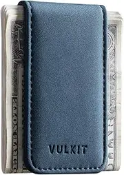 [VULKIT] Slim Magnetic Money Clip Leather Credit Business Card Holder Bills Holder, Strong Magnet Holds 15 x Folded Bank Notes, Navy, One Size, Minimalist, VMC101