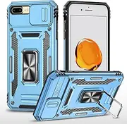 Slide Camera Cover for iPhone 7 Plus/iPhone 8 Plus,Kickstand with Built-in 360° Rotate Magnetic Ring Stand Shockproof Protective Armor Cover,Sky Blue