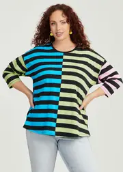 [Virtuelle] Taking Shape Cotton Spliced Stripe T-shirt Size 26 in Black / Multi - Plus Size Women's Clothing Black / Multi