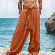 Men's Linen Pants Trousers Summer Pants Drawstring Elastic Waist Wide Leg Plain Comfort Breathable Full Length Casual Daily Holiday Fashion Classic Style Loose