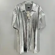 Delfi Collective Anthro Shirt Dress Silver Button Front Balloon Sleeves Sz S