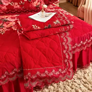 民族風紅色床裙單件純棉新房加厚夾棉床罩婚慶陪嫁全棉床單結婚用