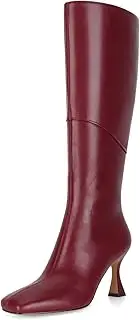 [DOEYG] Black Leather Knee High Tall Boots for Women Sexy Square Toe Stiletto Heeled Boots Dressy with Side Zipper