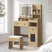 Dressing Table with Mirror, Oikiture Makeup Mirror Vanity Desk with Stool Bedroom Vanity Table with Drawers and Shelves Wood