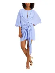 AIDAN AIDAN MATTOX Womens Light Blue Draped Twist Front L Flutter Sleeve Dress 4