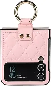 [XIMAND] for Samsung Galaxy Z Flip 4 with Delicate Open Buckle Ring and Diamond Pattern Pink Soft luxuriouslook Leather,Shockproof Corner Decent Protection