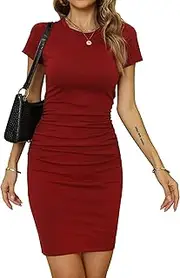 Missufeintl Women's Bodycon Ruched Short Sleeve T Shirt Midi Sundress Fitted Casual Dress