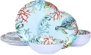 GOFUNFUN 12-Piece Melamine Turtle Dinnerware Set, Ocean Plates and Bowls Sets, Indoor Outdoor Dish Sets for 4, Unbreakable Lightweight Tableware Set - Turtle