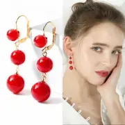Red Pearl Pendant Ear Hook Temperament Fresh Everything Matching Pearl Earrings
