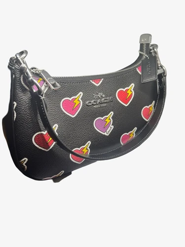 COACH CY346 Teri Shoulder Bag Signature Canvas & Leather Heart Bolt Print Black