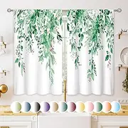 oolygoo Emerald Teal Eucalyptus Botanical Leaves Floral Kitchen Window Curtains Over Sink Farmhouse Flower Spring Small Treatment Cafe Short Curtains for Bathroom Treatment Tier Drapes 27.5x39 inch