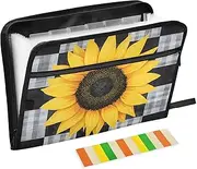 Quteprint 13 Pockets Expanding File Folder with Zipper Closure, Plaid Sunflower Print Accordion File Folder with Sticky Labels, Letter Size A4 Papers Expandable File Document Organizer