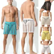 Mens Mesh Fishnet Short Pants See-throng Swim Boxer Shorts Underwear Drawstring