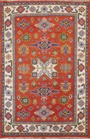 Rust Color Geometric 4x6 Traditional Kazak Area Rug Wool Hand-knotted