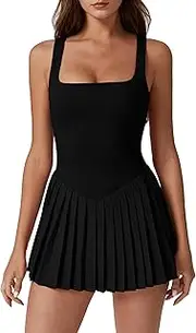 [QINSEN] Womens Square Neck Tennis Dress Pleated Sleeveless Built in Shorts Golf Athletic Dress with Pockets