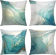 GALMAXS7 Marble Texture Turquoise and Gold Silver Decorative Throw Pillow Covers Luxury Abstract Fluid Art Ink Soft Velvet Pillow Case Square Cushion Covers for Couch Sofa 18 x 18 Inch Set of 4