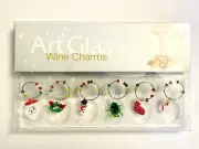 Wine Charms Christmas Ornaments ArtGlass Set of 6 Santa Snowman Candy Cane