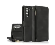 For Samsung Galaxy S21 Plus Case, Leather Zipper Purse Flip Cover Case with Card Slot Holder Wrist Strap Lanyard (Black)
