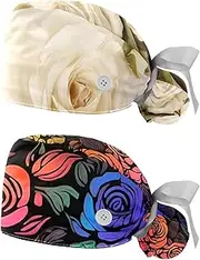 [YTYVAGT] 2-Pc,Nurse Scrub Caps,Scrub Hats with Buttons and Cotton Sweatband,Vintage Flowers Blooms