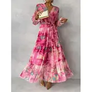 Women's Long Dress Maxi Dress Chiffon Dress A Line Dress Elegant Formal Party Wedding Guest Daily Regular Fit Floral Long Sleeve V Neck Fuchsia Summer