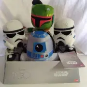New Star Wars Disney 100th 4-8" Plush Boba Fett, R2-D2, 2 Stormtrooper & Display