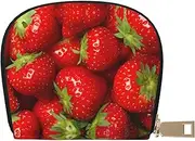 [JEJEA] Red Strawberry Fruit Print Credit Card Holder Wallet, Small Card Holder Wallet with Zipper,Leather Card Holder, White, One Size