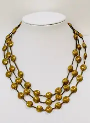 Vintage 1980s-90s 3 Strand Brass Finish Flat Bead Necklace 15 1/2”