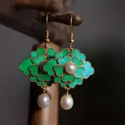 Chinese Retro Palace Style Cloisonne Pearl Enamel Porcelain Earrings Flower Gilt