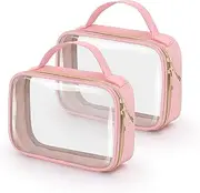 [Wedama] TSA Approved Toiletry Bag, 2 Pack Clear Makeup Bags with Handles, Quart Size Clear Toiletry Bags, PVC Clear Cosmetic Bags for Women and Men, Carry on Airport Airline Compliant Bag, Pink