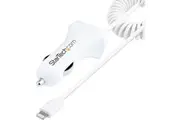 StarTech.com Lightning Car Charger with Coiled Cable, 1m Built-in Cable, 12W, White, 2 Port USB Car Charger Adapter, In Car iPho