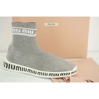 Miu Miu Logo Heel Sock High Top Sneaker SZ 38.5 Silver Glitter Fabric NIB $745