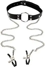 Women wear sexy hollow leather bondage clothes mouth plug nipple clamp clothing accessoriesAdjustable Non Piercing Nipple Clamp, Breast Nipple Clamps Leather Collar Choker Necklace, Nipple Clips with Metal Chain, Nipple Clamps for Sex Pleasure