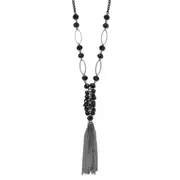Fashion 1928 Jewelry Black-Plated Link Jet Black Faceted Acrylic Beaded Cluster 28 Inch Tassel Necklace